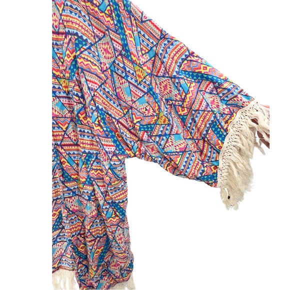 Kori America fringe kimono s/m colorful Aztec geometric lightweight coverup - Picture 3 of 6